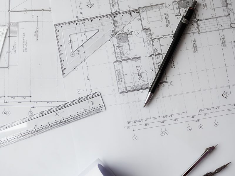 Image of engineering objects on workplace top view.Construction concept. Engineering tools.Vintage tone retro filter effect,soft focus(selective focus)